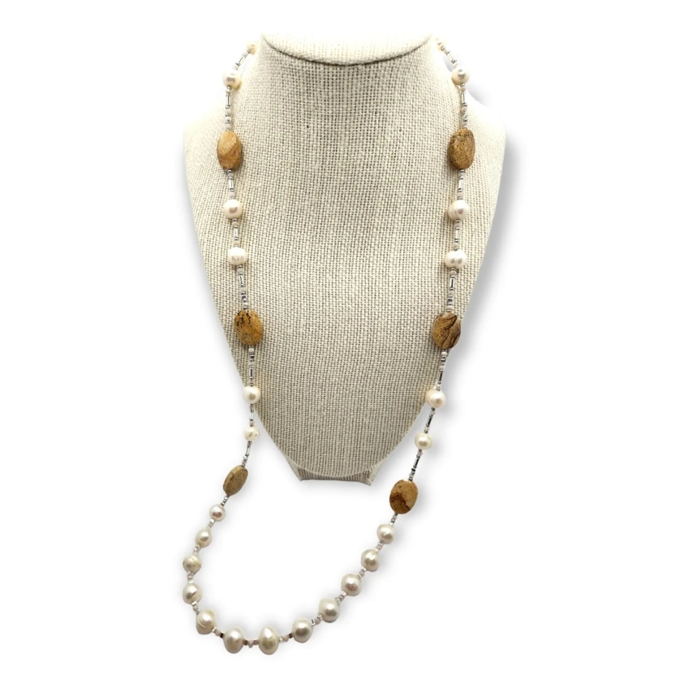 Freshwater Pearl, Faceted Picture Jasper  mid length necklace